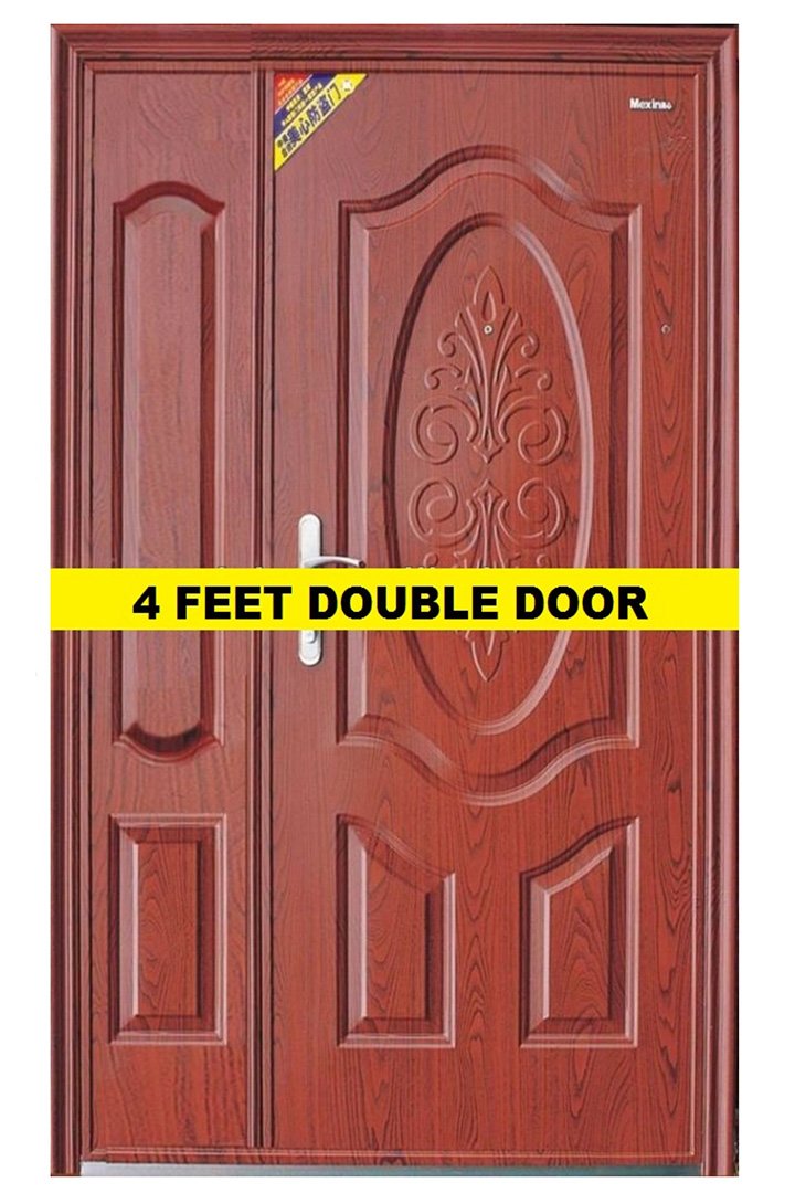 Film Coated Residential Steel Entrance Door - Wooden Finished Style - 4 Feet Double Door